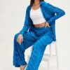 Blue Plisse Pants Wide Leg High Rise