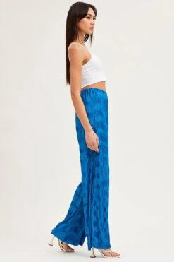 Blue Plisse Pants Wide Leg High Rise -Women Clothing Shop hw wide leg pant blue plisse pants wide leg high rise 32965055611073