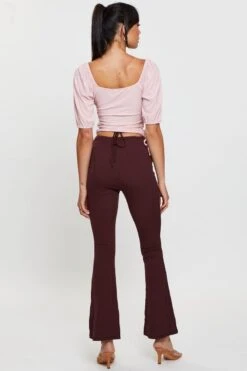 Brown Flare Pants High Rise Waist Tie -Women Clothing Shop hw wide leg pant brown flare pants high rise waist tie 32965053546689
