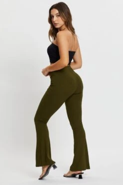 Green Jersey Rib Flared Pants -Women Clothing Shop hw wide leg pant green jersey rib flared pants 32965035557057