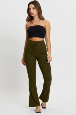Green Jersey Rib Flared Pants -Women Clothing Shop hw wide leg pant green jersey rib flared pants 32965035622593