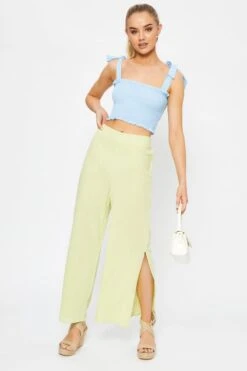 Yellow Linen Blend Elastic Side Slit Wide Leg Pants 17 Yellow Linen Blend Elastic Side Slit Wide Leg Pants -Women Clothing Shop hw wide leg pant green linen blend elastic side slit wide leg pants 32886731768001