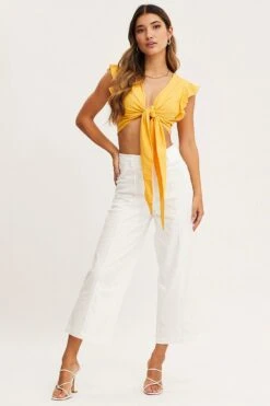 White Cropped Pants Wide Leg High Waist