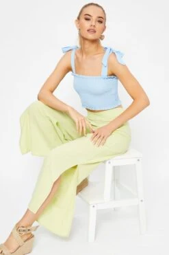 Yellow Linen Blend Elastic Side Slit Wide Leg Pants