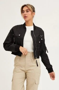 Black Long Sleeve Cropped Utility Bomber Jacket -Women Clothing Shop jacket black long sleeve cropped utility bomber jacket 32966591611073