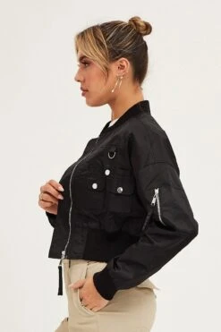 Black Long Sleeve Cropped Utility Bomber Jacket -Women Clothing Shop jacket black long sleeve cropped utility bomber jacket 32966591643841