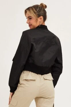 Black Long Sleeve Cropped Utility Bomber Jacket -Women Clothing Shop jacket black long sleeve cropped utility bomber jacket 32966591676609