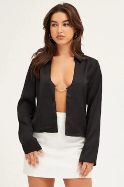 Black Satin Long Sleeve Collared Chain-Link Front Jacket -Women Clothing Shop jacket black satin long sleeve collared chain link front jacket 32966599442625