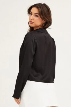 Black Satin Long Sleeve Collared Chain-Link Front Jacket -Women Clothing Shop jacket black satin long sleeve collared chain link front jacket 32966599508161