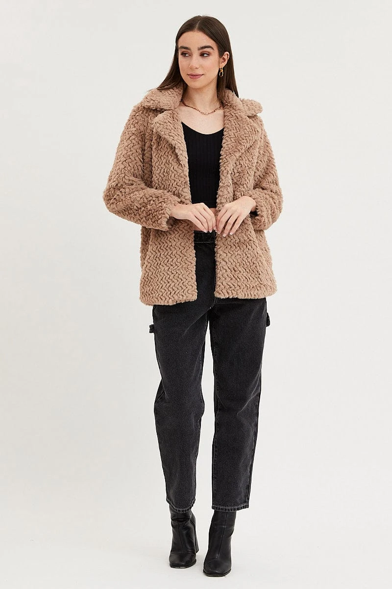 Brown Faux Fur Jacket Long Sleeve 4 Brown Faux Fur Jacket Long Sleeve - Image 2