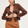Brown Satin Long Sleeve Collared Chain-Link Front Jacket 2 Brown Satin Long Sleeve Collared Chain-Link Front Jacket -Women Clothing Shop jacket brown satin long sleeve collared chain link front jacket 32966598951105
