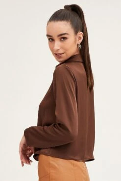Brown Satin Long Sleeve Collared Chain-Link Front Jacket -Women Clothing Shop jacket brown satin long sleeve collared chain link front jacket 32966599049409