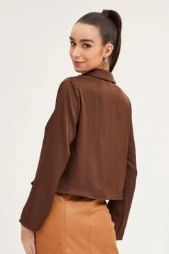 Brown Satin Long Sleeve Collared Chain-Link Front Jacket -Women Clothing Shop jacket brown satin long sleeve collared chain link front jacket 32966599082177