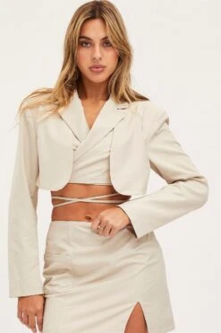 Beige Crop Jacket Long Sleeve -Women Clothing Shop jacket camel crop jacket long sleeve 32966637617345