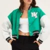 Green Cropped Varsity Bomber Jacket