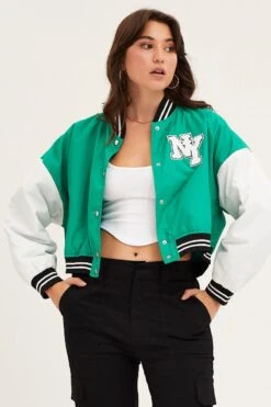 Green Cropped Varsity Bomber Jacket