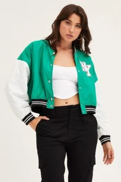 Green Cropped Varsity Bomber Jacket -Women Clothing Shop jacket green cropped varsity bomber jacket 32966641811649