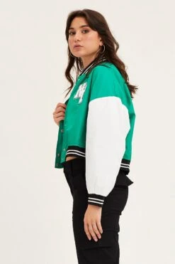 Green Cropped Varsity Bomber Jacket -Women Clothing Shop jacket green cropped varsity bomber jacket 32966641844417