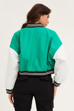 Green Cropped Varsity Bomber Jacket -Women Clothing Shop jacket green cropped varsity bomber jacket 32966641877185