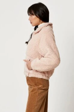 Pink Mixed Media Teddy Jacket -Women Clothing Shop jacket pink mixed media teddy jacket 33007086436545