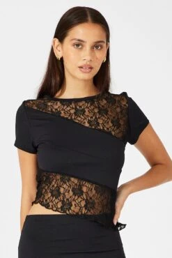 Black Supersoft Lace Top Short Sleeve -Women Clothing Shop jc11700 84w black 3