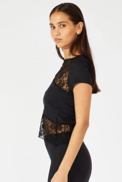 Black Supersoft Lace Top Short Sleeve -Women Clothing Shop jc11700 84w black 4