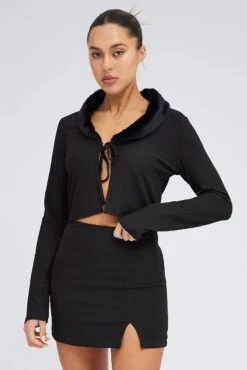 Black Cardigan Crop Long Sleeve Faux Fur V Neck -Women Clothing Shop jc1443 84wb black 3