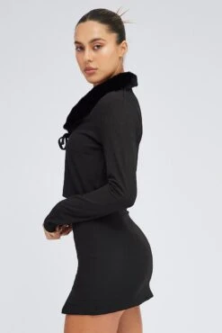 Black Cardigan Crop Long Sleeve Faux Fur V Neck -Women Clothing Shop jc1443 84wb black 4