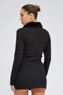 Black Cardigan Crop Long Sleeve Faux Fur V Neck -Women Clothing Shop jc1443 84wb black 5