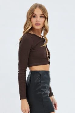 Brown Top Crop Round Neck Diamante Seamless -Women Clothing Shop jc1488 39wb chocolate 4