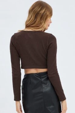 Brown Top Crop Round Neck Diamante Seamless -Women Clothing Shop jc1488 39wb chocolate 5