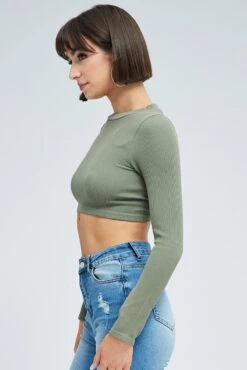 Green Top Long Sleeve Round Neck String Back Seamless -Women Clothing Shop jc1489 39w khaki 5