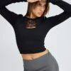 Black Top Long Sleeve Distress Seamless Round Neck Rib