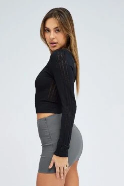 Black Top Long Sleeve Distress Seamless Round Neck Rib -Women Clothing Shop jc1631 39w black 4