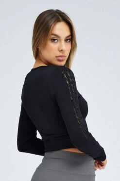 Black Top Long Sleeve Distress Seamless Round Neck Rib -Women Clothing Shop jc1631 39w black 5