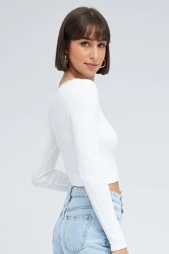 White Top Long Sleeve Round Neck Seamless 11 White Top Long Sleeve Round Neck Seamless -Women Clothing Shop jc1671 39w white 4