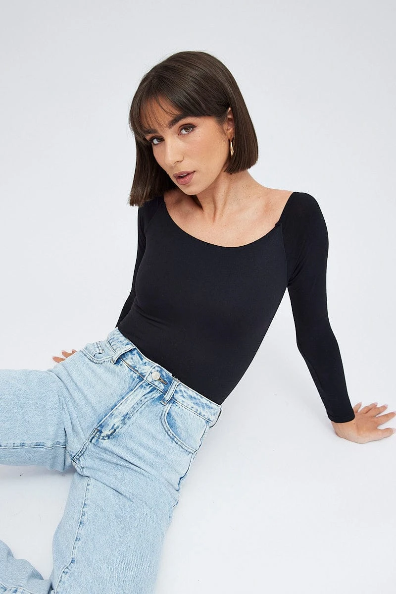 Black Supersoft Bodysuit Long Sleeve Offshoulder 3 Black Supersoft Bodysuit Long Sleeve Offshoulder