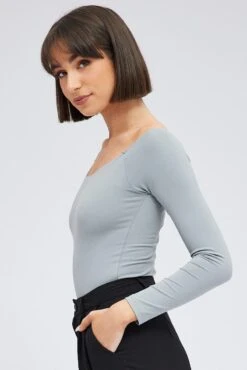 Grey Supersoft Bodysuit Long Sleeve Offshoulder -Women Clothing Shop jc1677 84wb grey 4