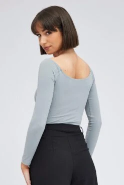 Grey Supersoft Bodysuit Long Sleeve Offshoulder -Women Clothing Shop jc1677 84wb grey 5