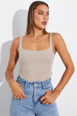 Beige Supersoft Bodysuit Sleeveless Square-Cut Neck -Women Clothing Shop jc1686 84wk stone 3