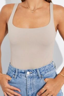 Beige Supersoft Bodysuit Sleeveless Square-Cut Neck -Women Clothing Shop jc1686 84wk stone 6
