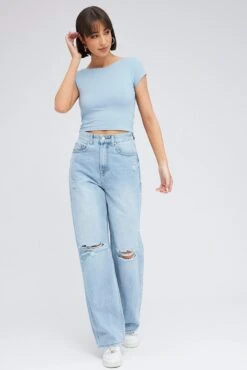 Blue Supersoft Top Short Sleeve Backless -Women Clothing Shop jc1708 84wk dusty blue 2