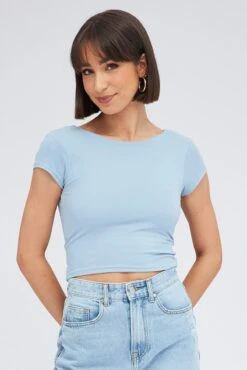 Blue Supersoft Top Short Sleeve Backless -Women Clothing Shop jc1708 84wk dusty blue 3