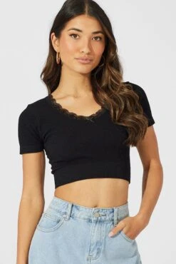 Black Seamless Top Short Sleeve -Women Clothing Shop jc1898 39w black 3
