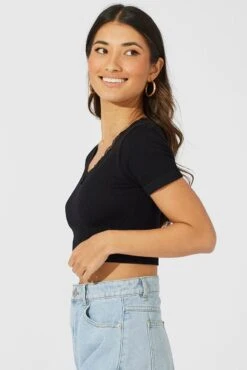 Black Seamless Top Short Sleeve -Women Clothing Shop jc1898 39w black 4