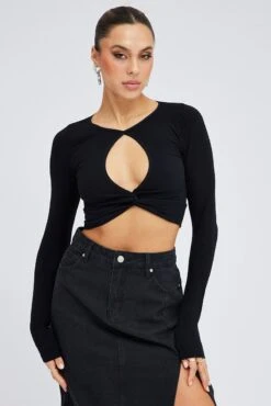 Black Cut Out Top Long Sleeve Crew Neck Seamless -Women Clothing Shop jc2133 39j black 3