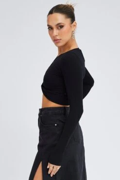 Black Cut Out Top Long Sleeve Crew Neck Seamless -Women Clothing Shop jc2133 39j black 4