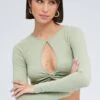 Green Cut Out Top Long Sleeve Crew Neck Seamless -Women Clothing Shop jc2133 39j khaki 1