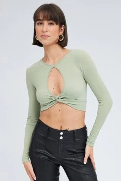 Green Cut Out Top Long Sleeve Crew Neck Seamless -Women Clothing Shop jc2133 39j khaki 3