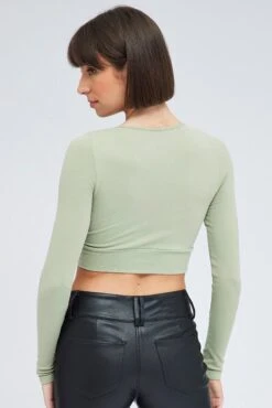 Green Cut Out Top Long Sleeve Crew Neck Seamless -Women Clothing Shop jc2133 39j khaki 5